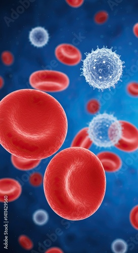 Obraz na płótnie Red blood cells and white blood cells against blue background for medical education w salonie