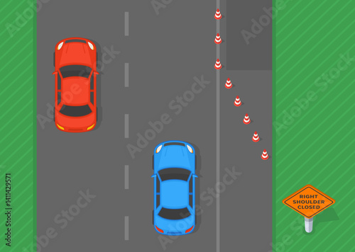 Traffic regulation rules and tips. Right shoulder closed area. Top view of a traffic flow on highway. Flat vector illustration template.