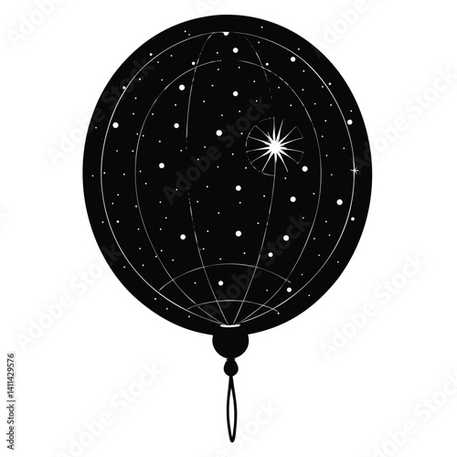 Black and White Celestial Lantern Illustration: Starry Night Sky, Decorative Oriental Lantern Design, Vector Graphic Art Print