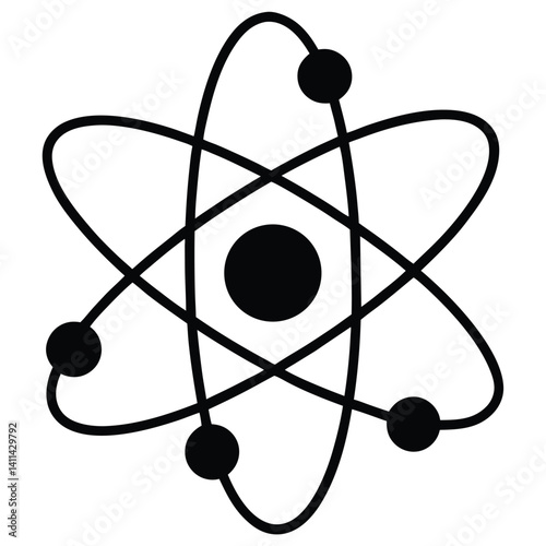 Atom Symbol Vector Illustration: Black and White Science Icon, Physics Model, Nuclear Structure, Atomic Energy Design Element