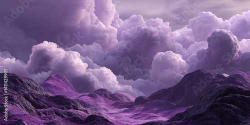 A Surreal Landscape with Rolling Purple Hills and Lush Greenery for Fantasy, Nature, and Surreal Projects photo