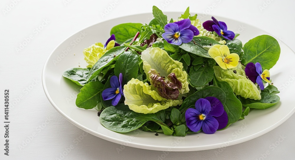 Fresh spring salad with edible flowers and leafy greens for a healthy meal