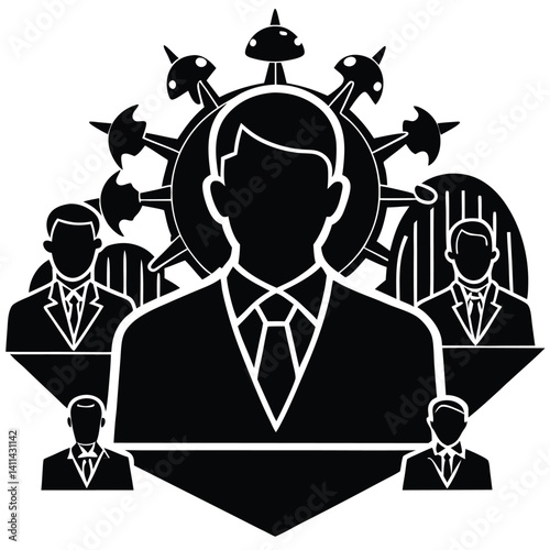 Corporate Hierarchy Illustration: Business Leader, Team, and Organizational Structure Graphic in Black and White Vector Format
