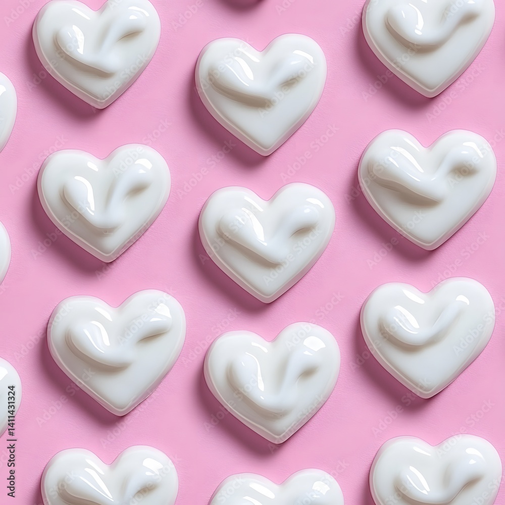 Obraz premium Repeating Pattern of White Heart Shaped Cream on Pink Background