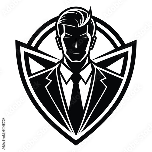 Black and White Silhouette of a Suave Man in a Suit, Shield Logo, Geometric Design
