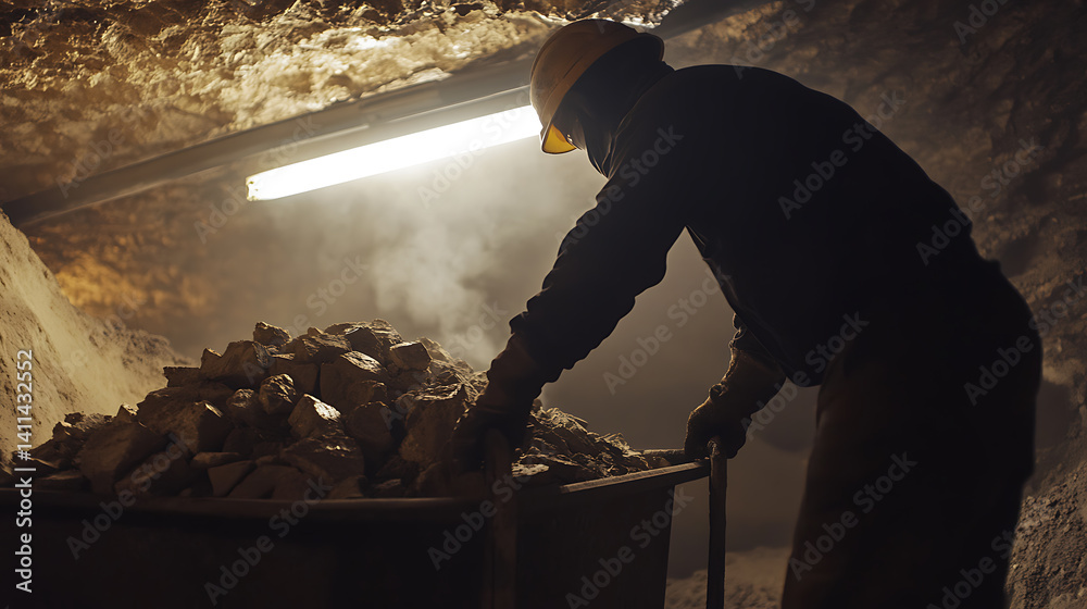 Fototapeta premium A miner collecting rocks in an underground mine. Featuring focus and determination