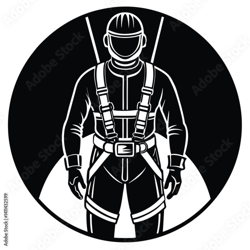 Safety Harness Icon: Black and White Silhouette of Worker with Hard Hat in Circle