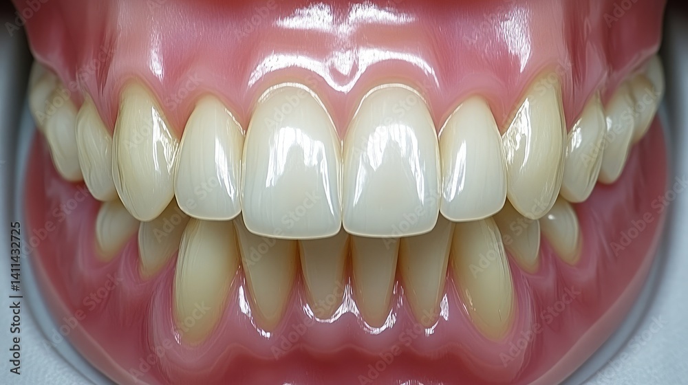 Obraz premium Close-up view of realistic pink gum surfaces on a full set of dentures resting on a clean dental tray
