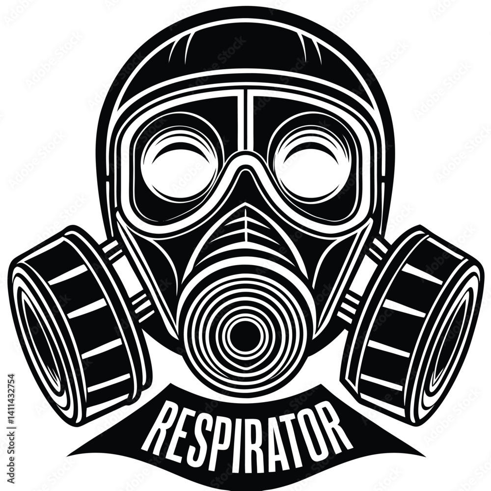 Fototapeta premium Black and White Gas Mask Illustration: Respirator Design, Vector Art, Safety Equipment