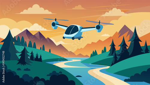 Hovering over the glistening river the eVTOL showcases its swift and precise takeoff a sight that leaves both residents and visitors in awe.. Vector illustration