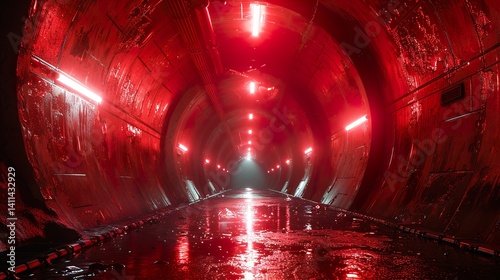 Light red tunnel with art deco sensibilities and 32k UHD resolution 