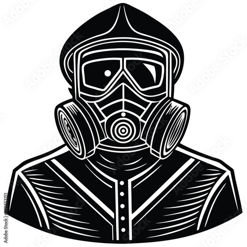 Black and White Vector Illustration of a Person in Gas Mask and Hooded Jacket