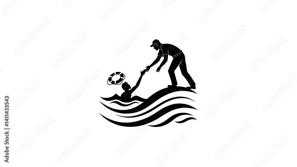Fototapeta premium Man Rescuing Drowning Person Dramatic Scene, black and white, life saving, with copy space