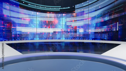 3D Virtual TV Studio News, Backdrop For TV Shows .TV On Wall.3D Virtual News Studio Background,3d illustration