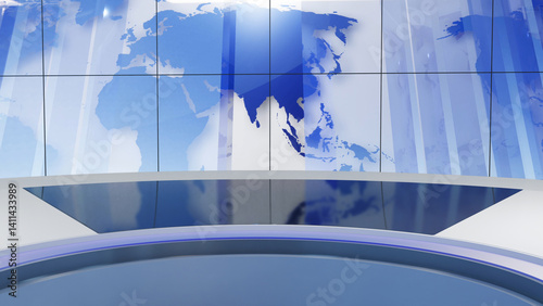 3D Virtual TV Studio News, Backdrop For TV Shows .TV On Wall.3D Virtual News Studio Background,3d illustration