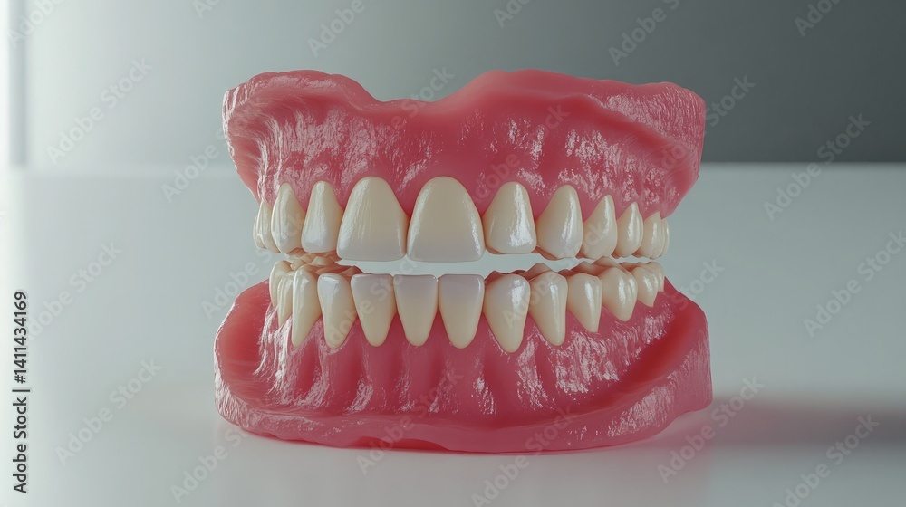 Obraz premium Full arch denture macro featuring realistic gum modeling and tooth shade gradation