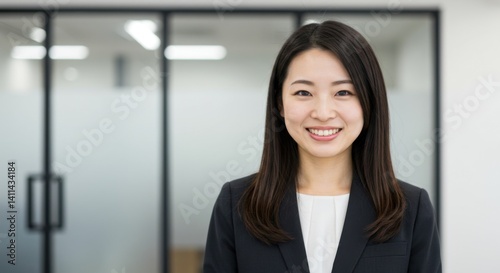 笑顔の女性ビジネスポートレート、オフィス背景