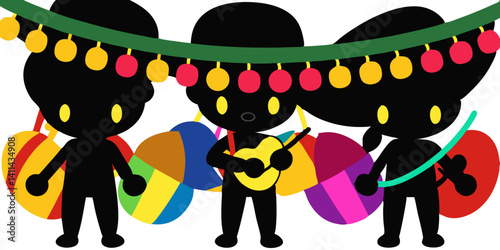 Mariachi Band Silhouette: Festive illustration of a mariachi band playing instruments with vibrant decorative balls hanging above.