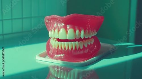 Obraz na płótnie Natural-colored denture gums and teeth resting on a clean white dental tray under bright studio light w salonie
