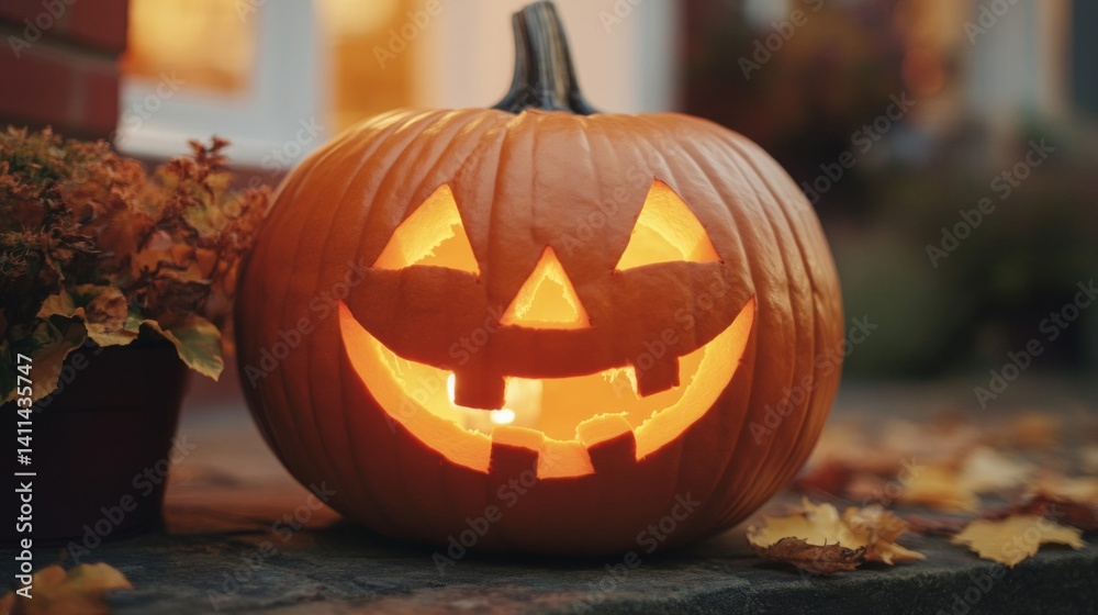 Fototapeta premium Lighted Carved Pumpkin on Porch Steps at Night