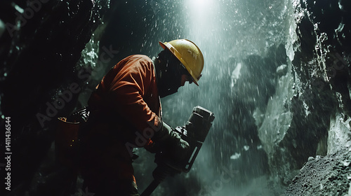 A miner operating an underground drill with dust in the air. Featuring precision and stamina