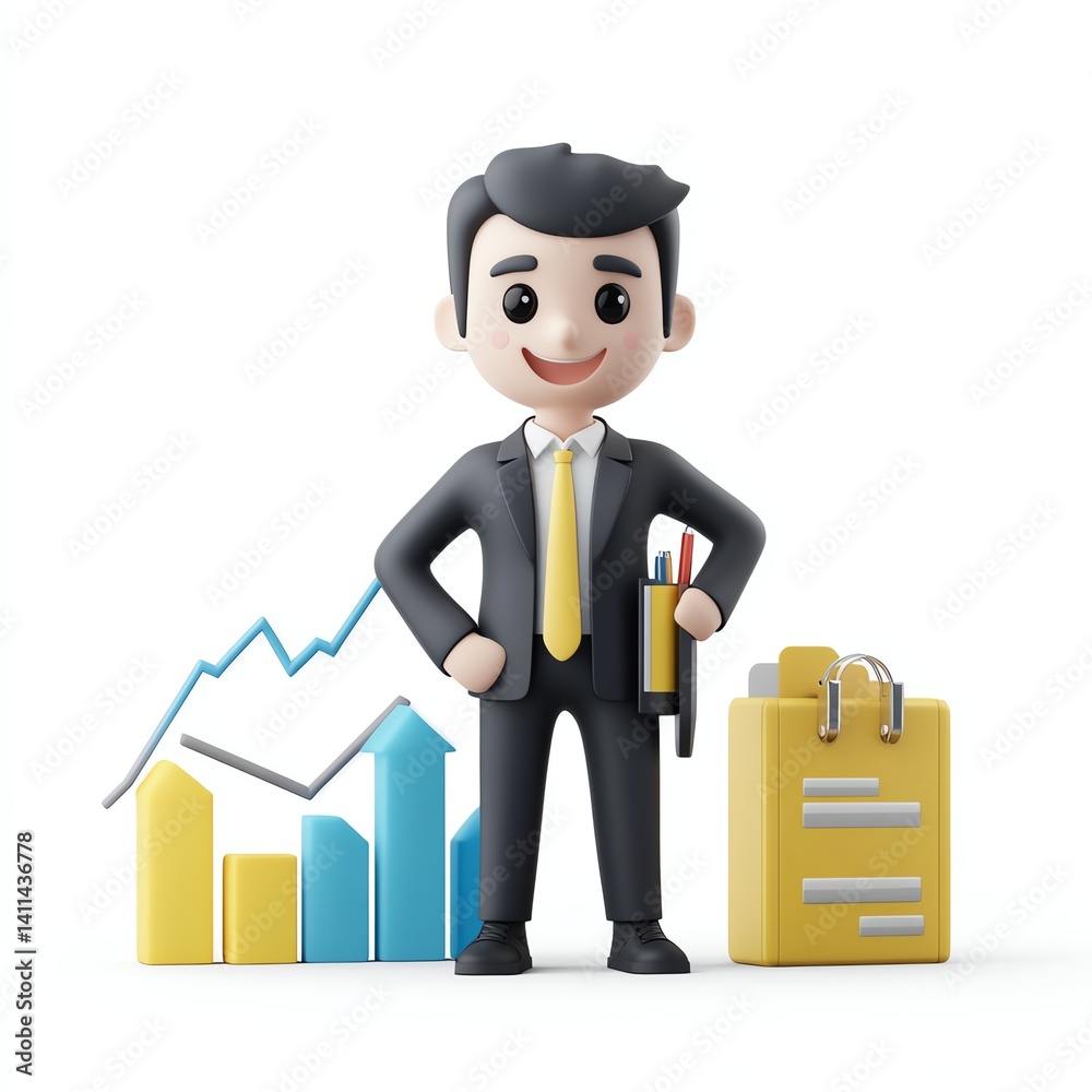 Obraz premium Cartoon executive figure with growth graph and checklist, symbol of business development coaching, 3D illustration