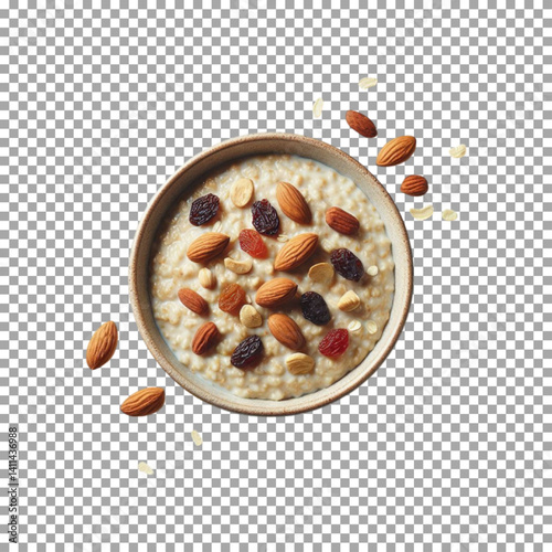 A bowl of oatmeal topped with a variety of nuts and raisins, Nutritious Oatmeal with Almonds and Raisins Topping on transparent background, png, psd
