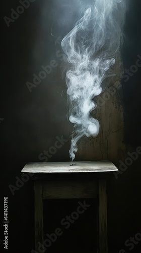 A thin wisp of smoke curls up from the surface of a rustic wooden table, its rich grain visible beneath the haze, creating an intriguing contrast between the natural wood and the ethereal smoke.