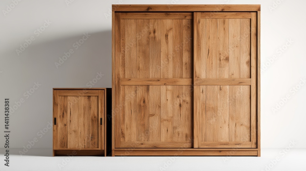 Large rustic wooden wardrobe with sliding doors and matching cabinet on a plain white background, perfect for home decor and storage solutions in style. Large rustic wooden wardrobe with sliding doors and matching cabinet on a plain white background, perfect for home decor and storage solutions in style.