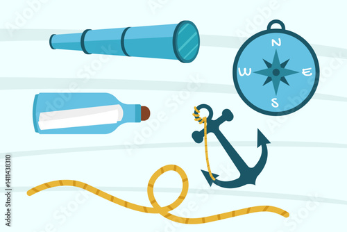 A fun nautical set featuring a spyglass, compass, anchor, message in a bottle, and rope—symbolizing exploration at sea.