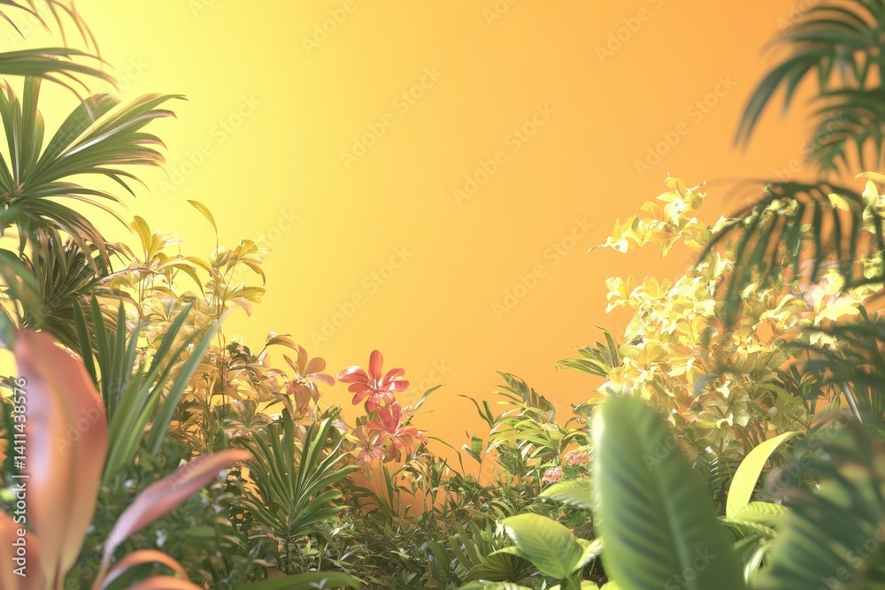 Obraz premium Lush tropical foliage frames a vibrant sunset backdrop.