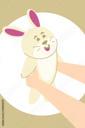 Slika na platnu Cute bunny doll held by a child’s hand, illustrated in a soft, pastel cartoon style