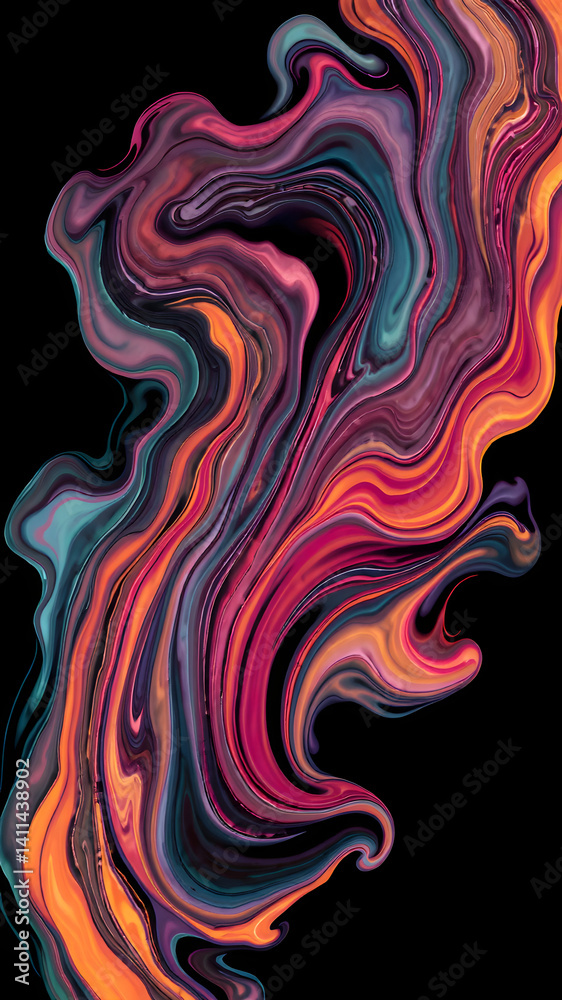 Vibrant abstract fluid waves with bold colors and dynamic movement on black background