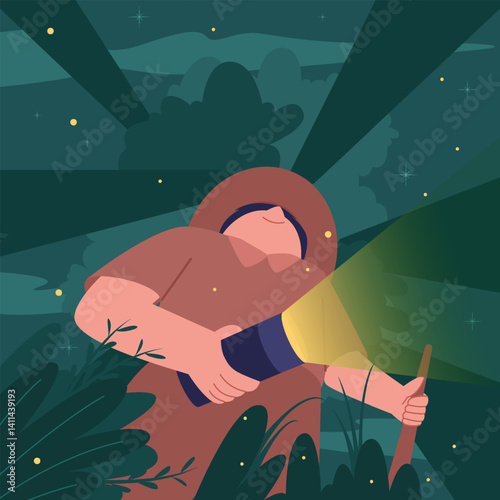 A young adventurer walks through the dark forest at night, holding a flashlight and a stick, surrounded by glowing fireflies and deep greenery.