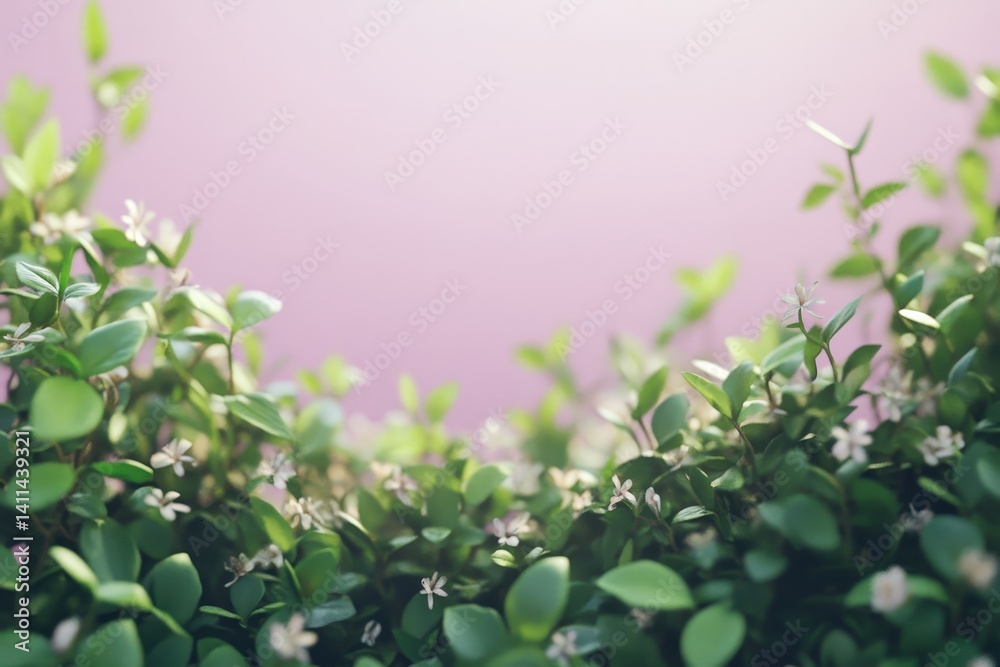 Soft, lush greenery frames a pastel pink background. Soft, lush greenery frames a pastel pink background.