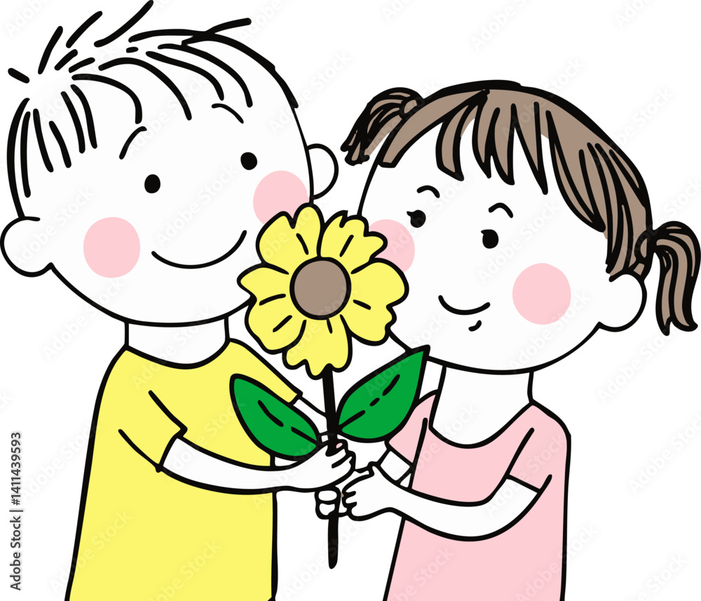 Smiling cartoon boy and girl holding a sunflower together expressing love and friendship This image is ideal for educational or greeting card designs.