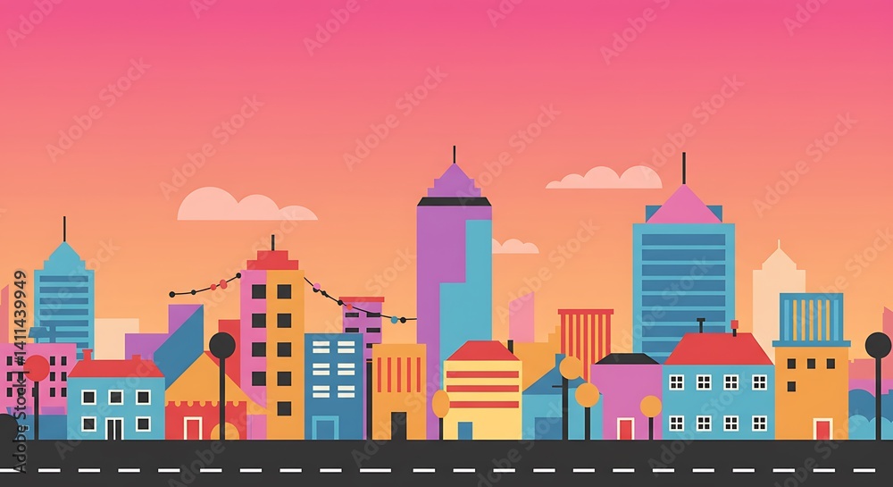 Obraz premium Flat cartoon cityscape with vibrant colors and simple geometric shapes