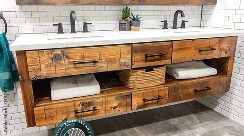 Rustic double vanity with reclaimed wood cabinetry, creating a warm interior