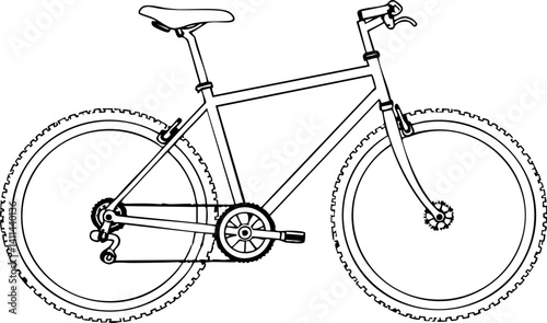 Simple black outline drawing of a mountain bike against a white background is ready for use in coloring or graphics project.