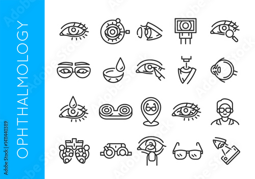 Ophthalmology icons. Set of 20 medical ophthalmology trendy minimal icons including eye, glasses, lens, laser surgery. Vector illustration 