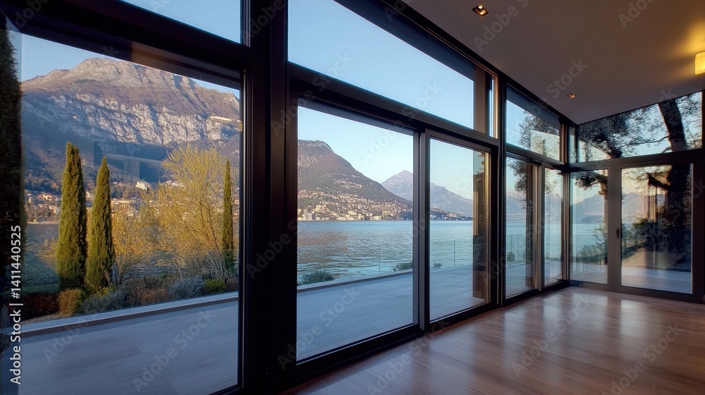 Lakeside villa interior with mountain views Lakeside villa interior with mountain views