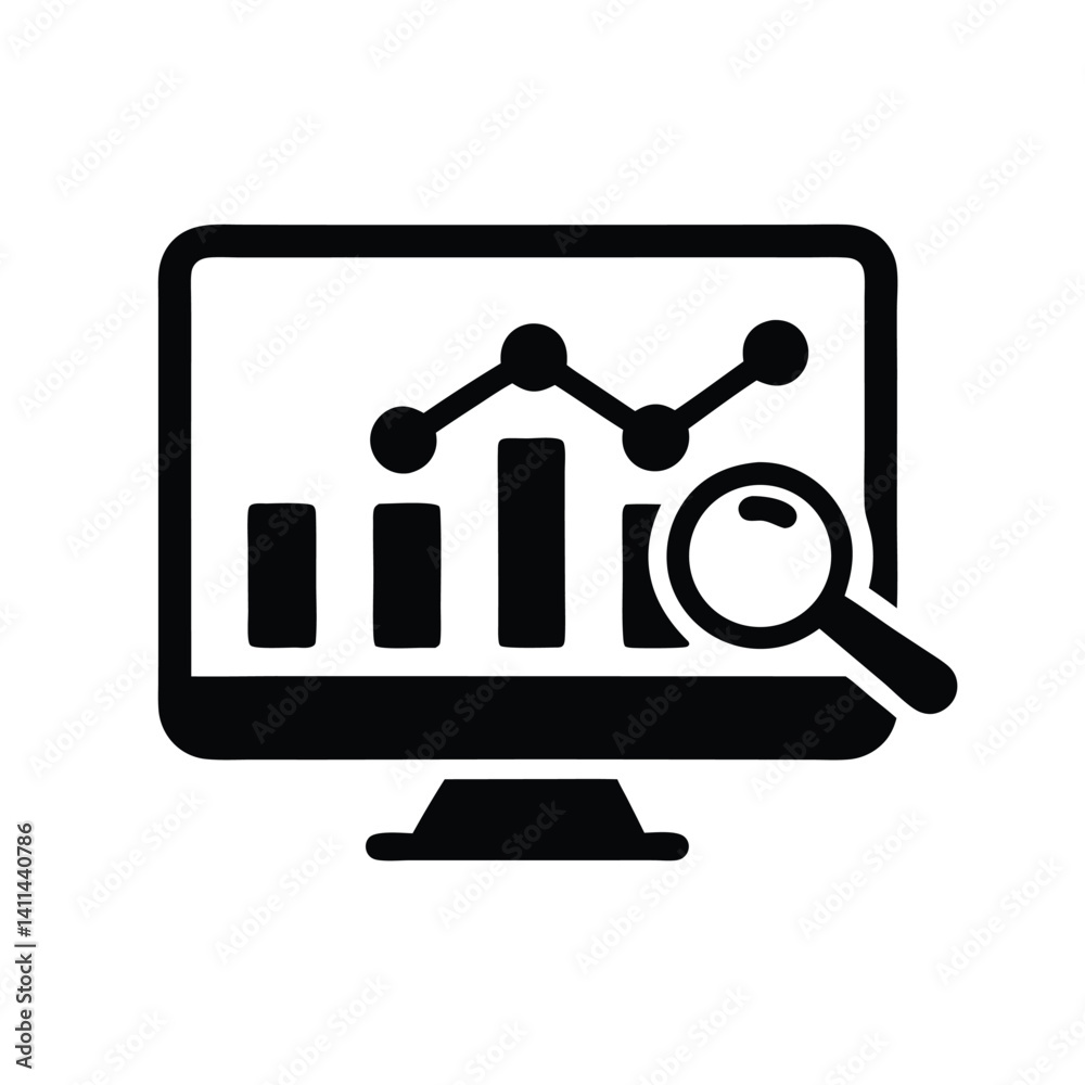 Monitor Displaying Data Trends with Magnifying Glass Icon Monitor Displaying Data Trends with Magnifying Glass Icon