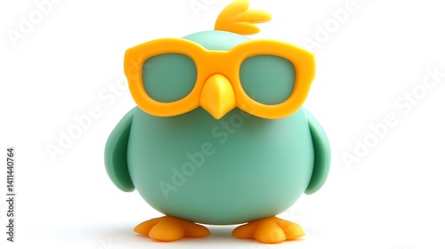 A cartoon bird with round glasses poses against white background