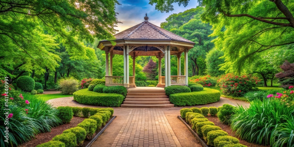 Obraz premium Elegant Pavilion amidst lush greenery in a serene park setting
