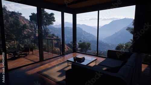 Modern mountain home interior with panoramic views