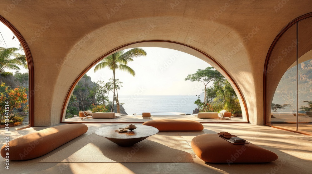 Fototapeta premium Modern Minimalist Beige Interior Design Ocean View