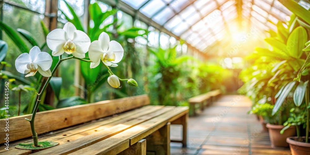 A lush green orchid plant with delicate white petals and a slender stem, placed on a wooden bench surrounded by vibrant greenery in the greenhouse , natural, orchid A lush green orchid plant with delicate white petals and a slender stem, placed on a wooden bench surrounded by vibrant greenery in the greenhouse , natural, orchid