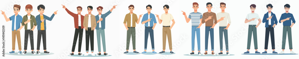 Vector collection of a group of young men standing together in relaxed and friendly poses, showing togetherness and intimacy. Vector collection of a group of young men standing together in relaxed and friendly poses, showing togetherness and intimacy.