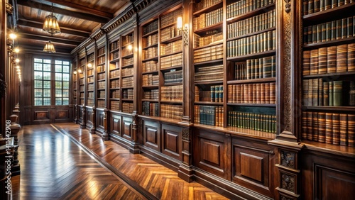 Dark wooden shelves lined with leather-bound books and decorative artifacts adorn the walls of a prestigious university law library , bookshelves, law library
