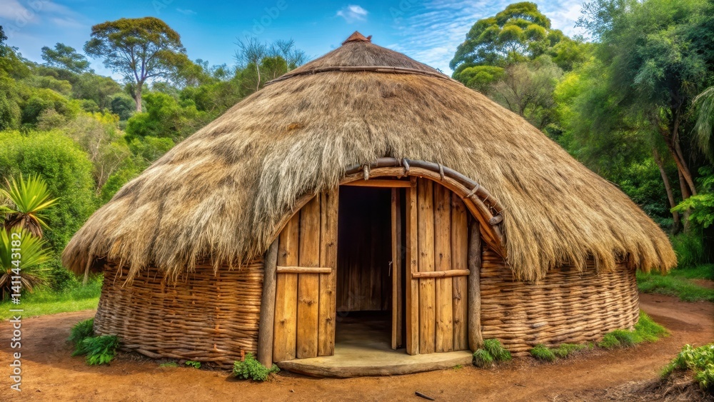 Traditional indigenous hut made of natural materials such as wood and straw with a curved roof and wooden door , wilderness dwelling, traditional hut Traditional indigenous hut made of natural materials such as wood and straw with a curved roof and wooden door , wilderness dwelling, traditional hut